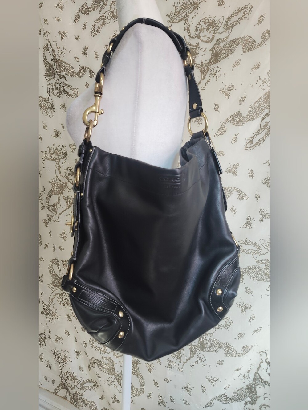 Vtg 2007 COACH Large Carly Black Leather Hobo Bag Gold Brass G0769-10616 MINT
